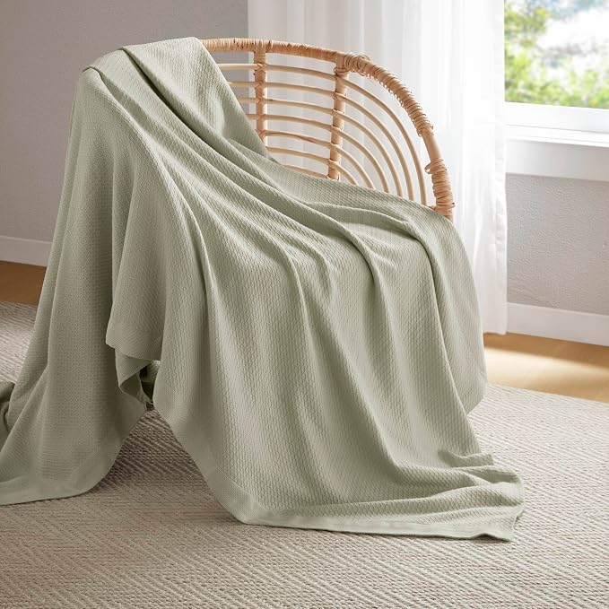 Madison Park 100% Egyptian Cotton Twin Bed Blanket for Summer Sage Green | Cozy Soft Breathable Durable, Waffle Weave Woven Casual, Lightweight Knit All Season Throw for Bed Couch or Sofa, OEKO TEX
