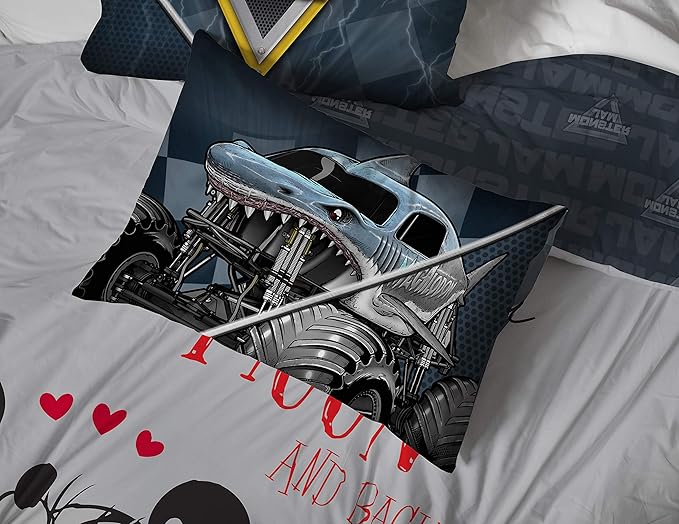 Monster Jam Trucks Full Size Size Comforter Set 7 Piece Kids Bedding, Multi | Grave Digger Megalodon, Bed in a Bag, Comforter Sheets Shams Pillowcases, Soft Microfiber, Machine Washable, Boys Gift