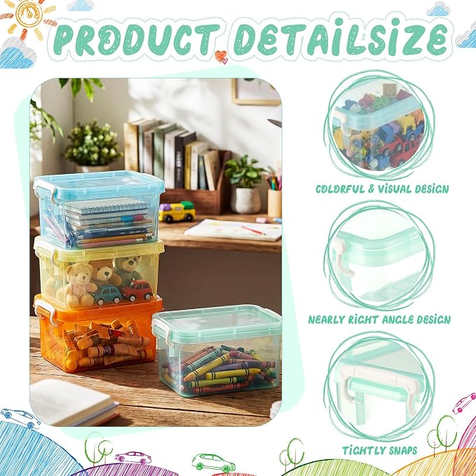 Wenqik 6 Pack Colorful Plastic Storage Bins with Lids 4 Quart Small Storage Latch Box Stackable and Nestable Clear Organizer Bins with Latching Handle and Buckle for Organizing (Pastel)