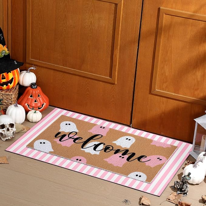 Tinideya 2 Pcs Pink Halloween Welcome Mats for Front Door, Cute Ghost Coir Doormat with Pink White Striped Rug, Layered Doormat Set for Front Porch Entryway Outdoor Fall Decor