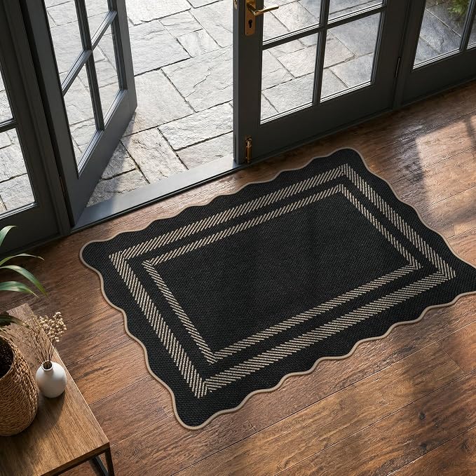 LIVEBOX Scalloped Easy Jute 2x3 Kitchen Rug, Black Front Door Mat Small Indoor Outdoor Rug for Entryway, Washable Non Slip Farmhouse Area Rugs, Tan Neutral Carpet Doormat for Porch Doorway Foyer