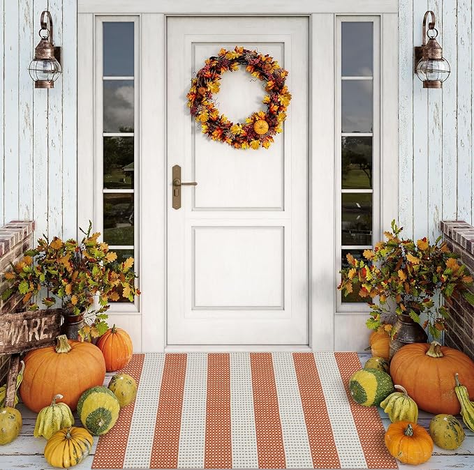 OJIA Front Door Mat 24"x36" Cotton Woven Washable Striped Porch Rug Indoor Outdoor Doormat Small Outdoor Rugs Farmhouse Entry Kitchen Throw Rug for Layered Door Mats (Orange/White/Tan)