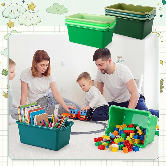 Dandat 32 Pcs Plastic Book Bins for Classroom Library Cubby Bins Scoop Front Stackable Toy Storage Tubs Containers for School Office Home Nursery Playroom Organization (Green Series)