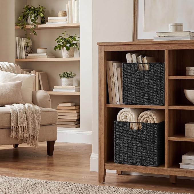 StorageWorks 13 inch Black Wicker Baskets for Storage,Foldable Black Basket | 2-Pack,Handwoven Wicker Storage Baskets for Organizing,Square Storage Cubes,Black Storage Bins,Paper Rope Square Baskets