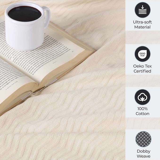 Superior JENA Cotton Blanket, for Picnic, Beach, Traveling or Camping, Bedroom Decor, Essentials, Cover for Bed, Couch, Lounging, Textured Jacquard, Modern Chevron Woven Blanket, King, Ivory