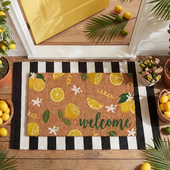 Moucuny 2 Pcs Lemon Coir Doormat Outdoor Summer Lemon Welcome Mats for Front Door 24'' x 35'' Black and White Striped Outdoor Rug 16'' x 28'' Layering Non Slip Summer Welcome Mat for Porch Front Decor
