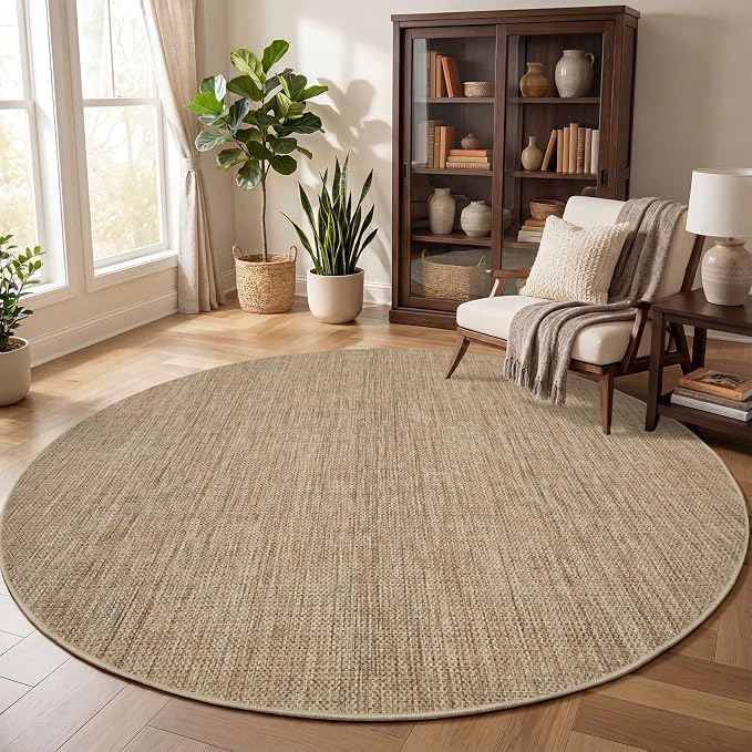 GarveeHome 6ft Washable Round Rug Large Bedroom Easy Jute Area Rugs | Modern Solid Non Slip Living Room Circle Rugs Stain Resistant Throw Carpet Round Area Rugs for Kitchen Nursery Entryway, Tan