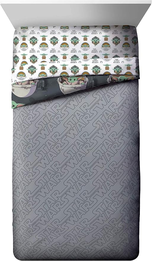 Star Wars Mandalorian Grogu Twin Comforter Set 4 Piece Kids Bedding, Gray | Baby Yoda, Comforter Sheets Pillowcase, Official Product, Soft Microfiber, Machine Washable, Easy Care, Kids Gift