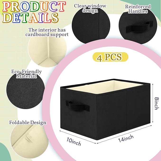 Yinder 4 Pcs Cube Storage Bin Black 14''x10''x8'' Storage Bins for Kids Classroom Decor Colorful Bins Foldable Baskets for Playroom Nursery Organizer Fabric Boxes