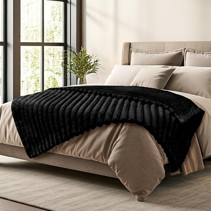 DEZ FURNISHINGS Luxury Reversible Textured Stripe Faux Fur & Velvet Throw Blanket, Twin (66" x 90"), Black