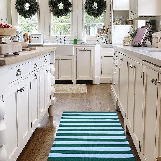 Green and White Striped Outdoor Rug St. Patrick's Day Rug 27.5'' x 43'' Spring Doormat Layered Welcome Mat for Farmhouse Easter Spring Front Porch Entryway Decor