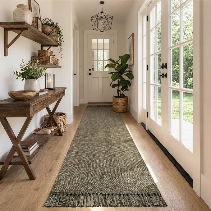 Collive Hallway Runner Rug 2.6' x 10', Boho Washable Kitchen Runner Rugs Hand Woven Bathroom Mats, Moss Green Modern Farmhouse Indoor Entry Hall Carpet for Bedroom Entrance Porch Decor