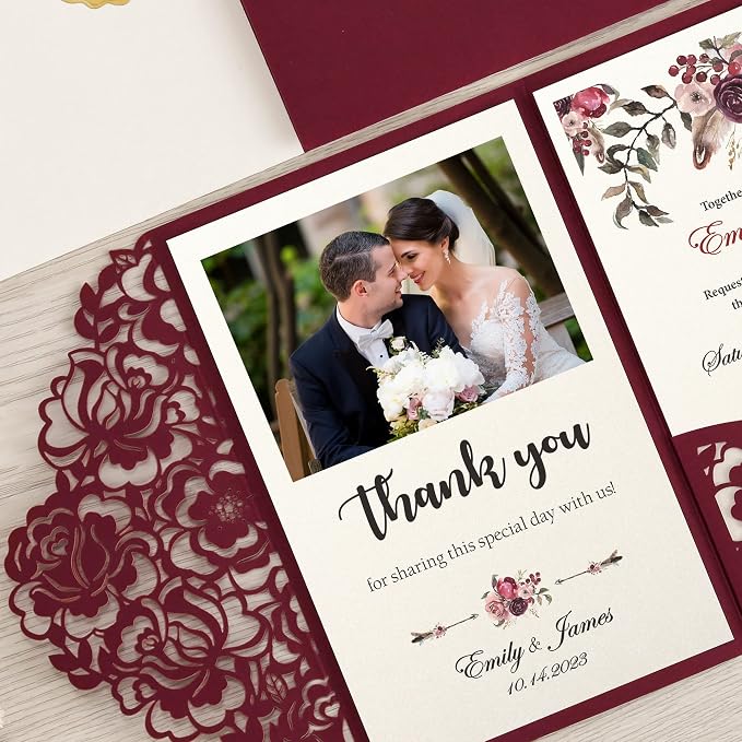 DORIS HOME 50Pcs Personalized Laser Cut Wedding Invitations, Burgundy | 4.7"x7.1", Customized Anniversary Invitations, With Envelopes