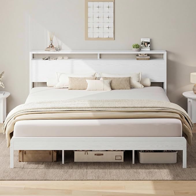 LIKIMIO California King Bed Frames with 2-Tier Storage Shelf Headboard | Wood Platform Bed, Camas California King with Strong Metal Supports, Sturdy, Noise-Free, No Box Spring Needed, White