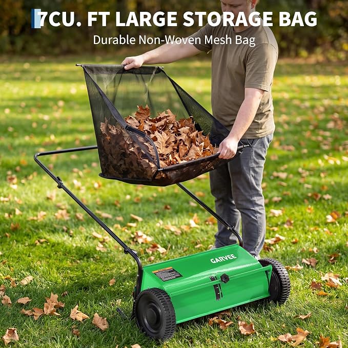 Manual Push Lawn Sweeper 26 Inch- Walk Behind Yard Sweeper for Leaves and Grass,7 Cu. ft. Large Hopper, Height Adjustable, 4 Fast Spinning Brushes