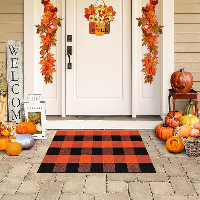 Buffalo Plaid Rug 2x3 Orange and White Outdoor Rug Checkered Cotton Woven Washable Front Porch Fall Layered Door Mats Carpet for Indoor Outdoor Entryway Farmhouse Decor