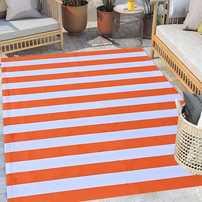 Bottalive Fall Decor Orange Striped Rug, 4' x 6' Cotton Reversible Foldable Washable Area Rug, Layering Rug for Hello/Welcome Door Mat, Washable Cotton Woven Farmhouse Mat for Front Porch
