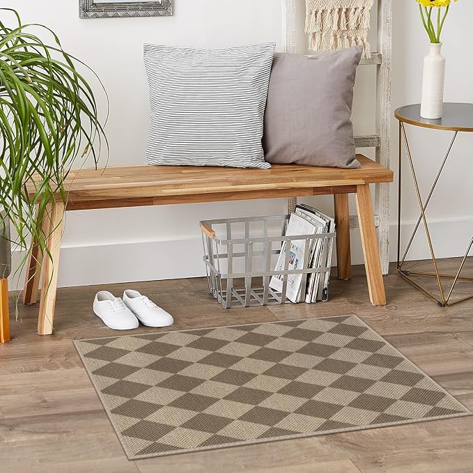 Rugalia Easy Jute Checkered Entryway Rug, 2x3 Brown Modern Indoor Outdoor Doormat, Washable Non-Slip Neutral Small Kitchen Rug Farmhouse Diamond Throw Rugs for Entrance Bedroom Bathroom