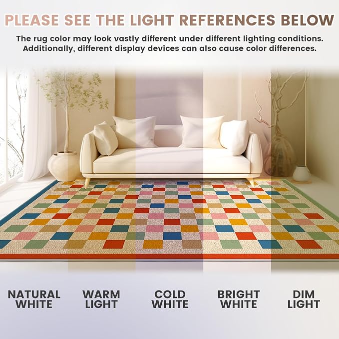 Washable Checkered Easy Jute Rug, 3x5 Colorful Checkerboard Geometric Outdoor Indoor Patio Small Rugs, Low Pile Lightweight Non Slip Neutral Carpet Door Mat for Bedroom Entryway Front Door Farmhouse