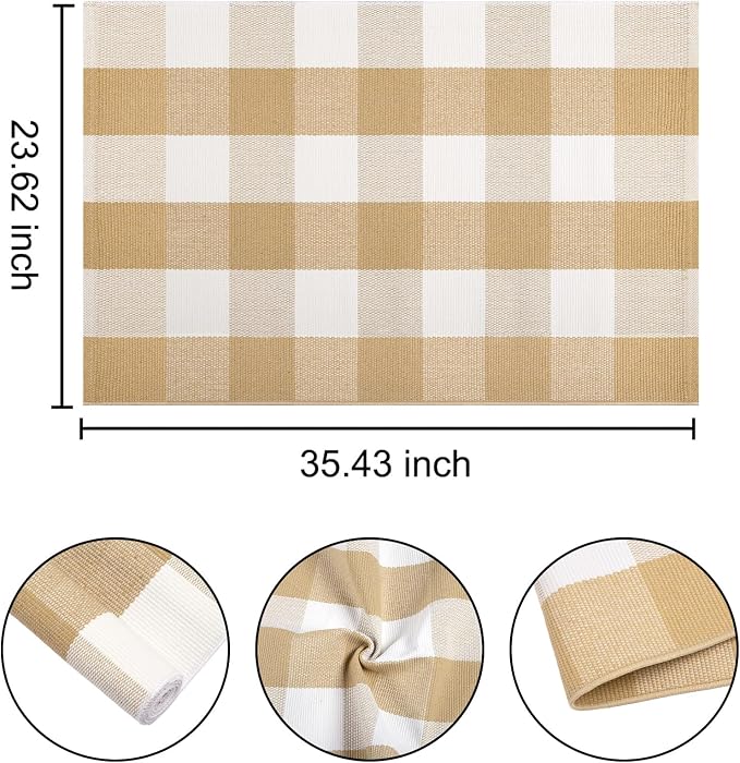 Front Door Mat Outdoor 24''x35''Khaki and White Washable Entryway Rugs Cotton Farmhouse Layered Doormat for Hello/Welcome Entryway,Porch,Bedroom,Bathroom