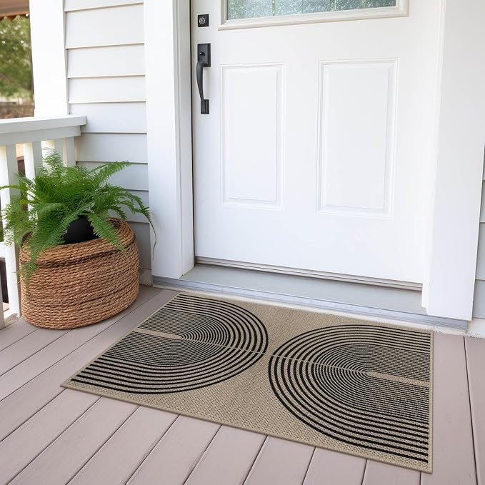 Rugalia Easy Jute Rainbow Entryway Rug, 2x3 Washable Non-Slip Indoor Outdoor Doormat, Black Nature Boho Farmhouse Small Kitchen Rug Modern Abstract Throw Rugs for Entrance Bedroom Bathroom