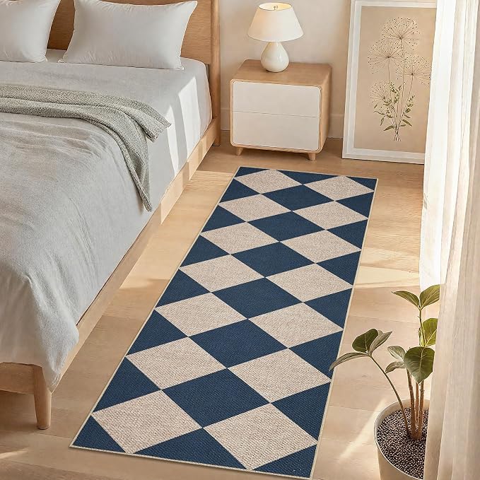 GarveeHome Checkered Easy Jute Runner Rug 2x6 Non-Slip Machine Washable Stain Resistant Indoor Outdoor Rugs for Living Room, Bedroom, Kitchen, Dining, Patio - Farmhouse Style Navy Blue