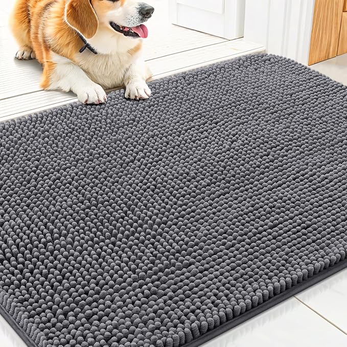 Smiry Dog Door Mat for Muddy Paws 30x17, Absorbent Dirt Trapper, Non-Slip Washable Chenille Entryway Rug for Inside Floor, Dark Grey, Classic Solid