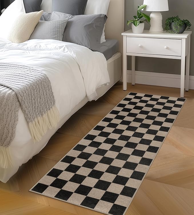 Rugalia Easy Jute Checkered Runner Rug, 2x6 Black Modern Washable Rugs Runner for Hallway Non-Slip Kitchen Runner Rug, Farmhouse Checkerboard Indoor Outdoor Carpet for Porch Laundry Entryway