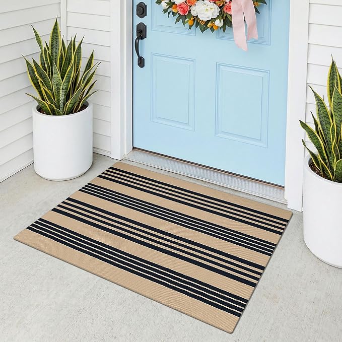 KOZYFLY Striped Rug 2x3 ft Front Door Mat Brown and Black Cotton Woven Washable Indoor Outdoor Rug for Entryway Porch Kitchen Patio Decor Small Area Rugs