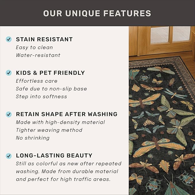 3x8 Green and Black Wide Hallway Runner Rugs - 8ft Washable Kitchen Floor Mats Non Slip, Floral & Insect Pattern Rug for Entryway, Vintage Stain Resistant Indoor Décor