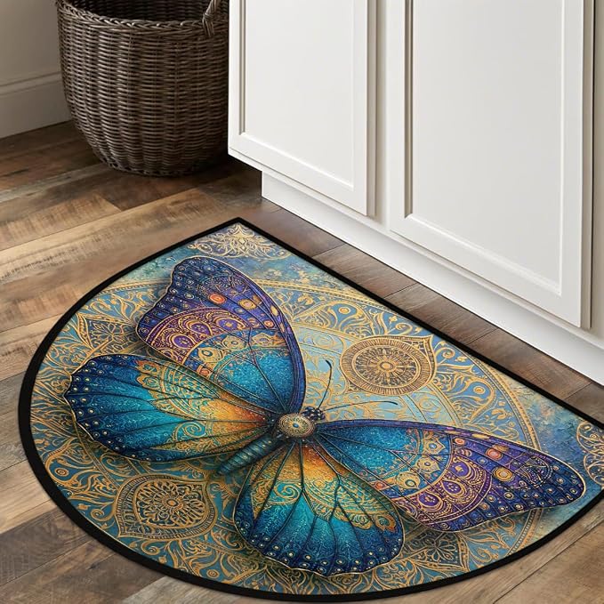 Butterfly Half Round Door Mat Semi Circle Rug Half Moon Doormat | Soft Washable Turquoise Gold Welcome Entrance Mat for Outdoor Indoor Floor Bedroom Bathroom Home Kitchen Festival Decor
