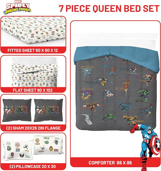 Marvel Comics Avengers Queen Comforter Set 7 Piece Soft Bedding, Gray | Hulk Captain America, Comforter Sheets Shams Pillowcases, Official Product, Microfiber, Machine Washable, Boys Gift