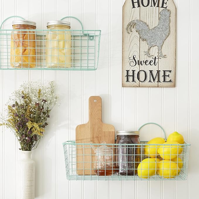 DII Farmhouse Vintage Decor, Wire Wall Basket, Medium, Aqua, 2 Piece