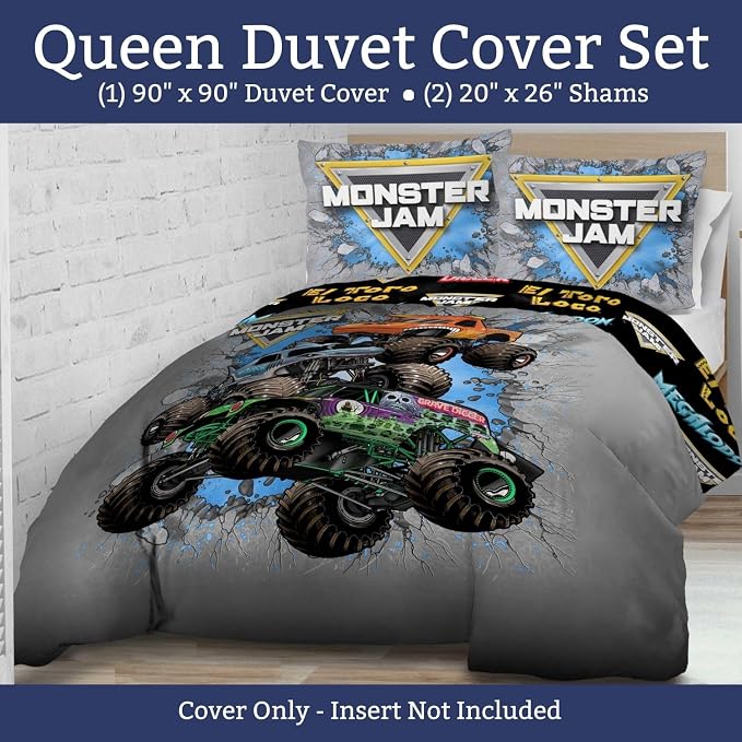 Jay Franco Duvet Cover Set – 3 Piece Comforter Cover and Sham Set, Super Soft Cozy Kids Bedding (Insert Not Included) Grey - Monster Jam, Queen