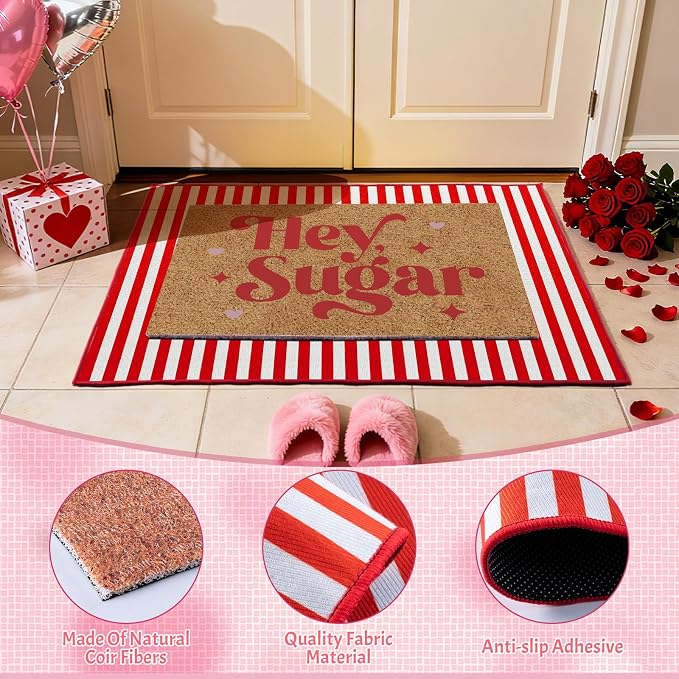 2 Pcs Hey Sugar Door Mat, Valentine Door Mat Valentines Day Welcome Mat Non Slip Coir Doormat Red and White Striped Mat Layering Doormats for Home Bathroom Front Porch Entryway Decor 24"x 32"