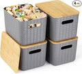 Ohmlove 4 Packs Storage Bins with Bamboo Lids - Plastic Storage Containers with Lids Stackable Storage Box：Storage Baskets for Organizing Desktop Closet Playroom Classroom Office,Gray
