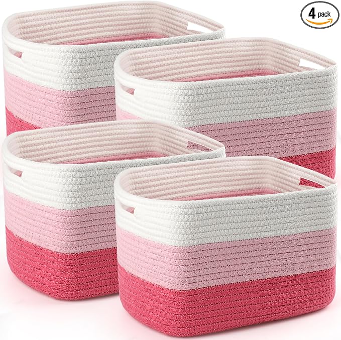 4 Pack Storage Baskets for Organizing, 11''Lx9''Wx8''H Woven Baskets for Storage Toys, Towels, Books, and Clothes, Cotton Rope Basket for Shelves with Handle