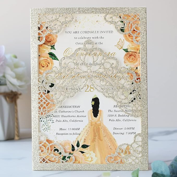 Hosmsua 50PCS Personalized Champagne Glitter Quinceanera Invitations Kit 5.1x7.3 Inch Laser Cut Floral Crown Pocket Quinceanera Invitation Cards with Envelopes for Birthday Quince Invitation