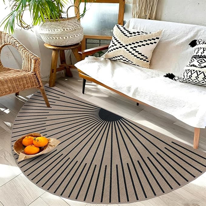 Easy Jute Rug 2.6x5Ft Half Circle Sunshine Doormat Neutral Faux Jute Indoor Outdoor Carpet for Farmhouse Bedroom Entrance Balcony Kitchen Laundry Room, Nonslip, Half Round, Black 7