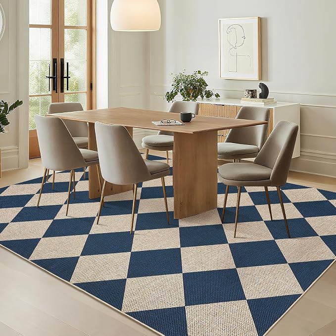 GarveeHome Easy Jute 8x10 Area Rugs for Living Room Checkered Rugs Machine Washable Non-Slip Backing Indoor Outdoor Carpets for Farmhouse Dining Room Nursery Patio Navy Blue
