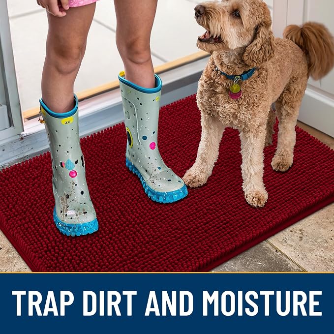 Smiry Dog Door Mat for Muddy Paws 30x20, Absorbent Dirt Trapper, Non-Slip Washable Chenille Entryway Rug for Inside Floor, Red, Classic Solid