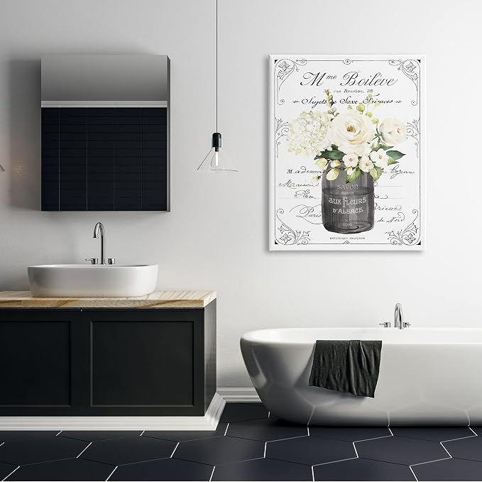 Vintage Parisian Floral Bathroom Bouquet, 36 x 48 Inch Canvas Wall Art | Stupell Industries · By Lettered and Lined · Ready to hang · Charming bath and laundry decor · Made in USA