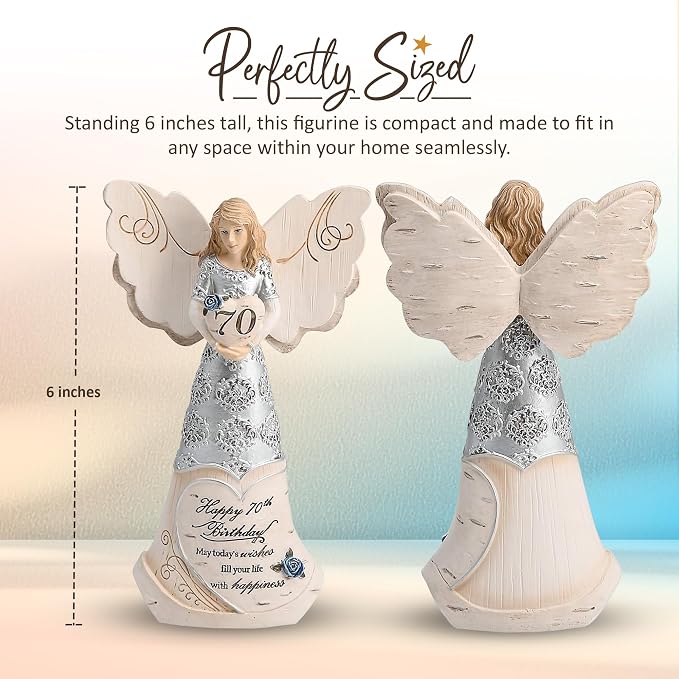 Pavilion 'Happy 70th Birthday' 82416 Elements Angels - Polyresin Birthday Angel Figurine - Silver Hand-Painted Remembrance and Keepsake Gift Angel for Grandmothers, Mothers, Aunts, Friends, Women