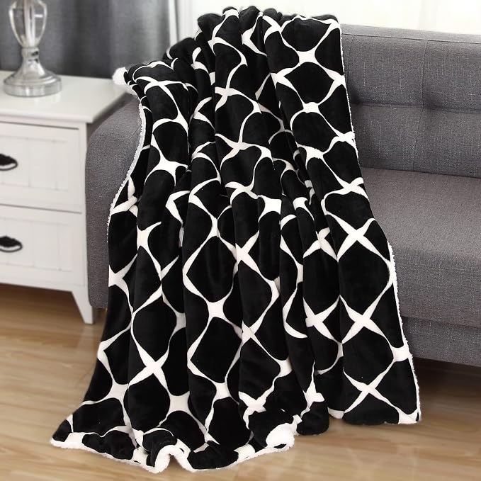 Elegant Comfort Throw Blanket, Reversible Sherpa Flannel, Ultra-Soft, Fuzzy, Cozy and Plush- All Season Lightweight Decorative Throw, 50 x 60 inches, Ogee Pattern Sherpa Throw, Black