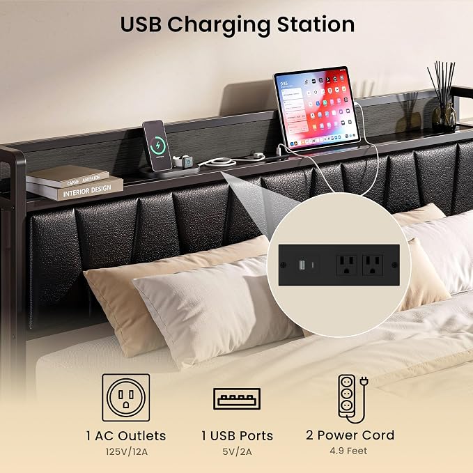 LIKIMIO California King Bed Frame, PU Leather Storage Headboard with Charging Station, Solid and Stable, Noise Free, No Box Spring Needed, Easy Assembly, Black
