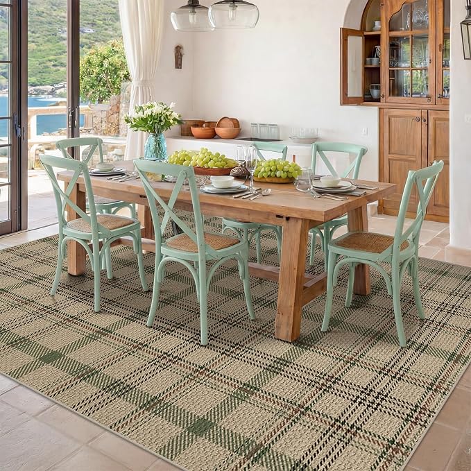 JTJ Easy Jute Green Plaid Rug 6x9 for Living Room, Washable Modern Farmhouse Area Rugs for Bedroom Aesthetic, Dining Room, Patio, Sage Tan Woven Tartan Design, Non Skid, Easy Clean Viral Jute No Shed