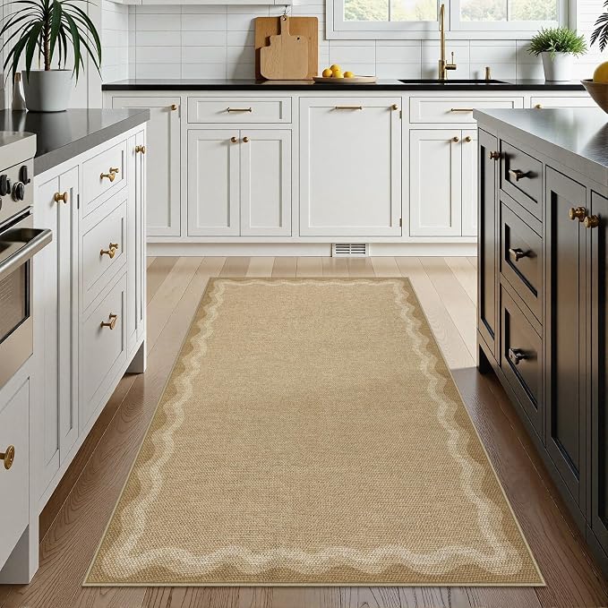LIVEBOX Scalloped Washable 3x5 Outdoor Rug, Easy Jute Geometric Tan Rug for Entryway, Indoor Non Slip Patio Rugs Farmhouse Carpet Area Rug for Bedroom Living Room Kitchen Bathroom Front Door Mat Porch