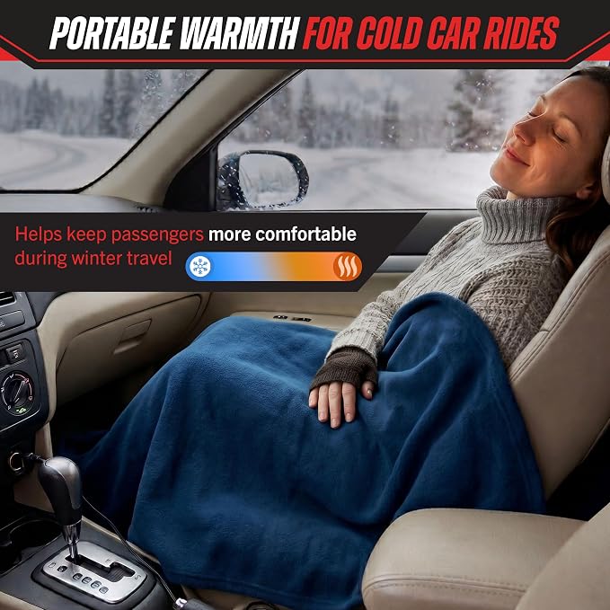 Heated Car Blanket - 12V Electric Travel Blanket for Car, Truck, SUV or RV - Portable Heated Throw for Road Trips, Camping or Winter Emergency Kit for Cold Weather Travel by Stalwart (Navy)
