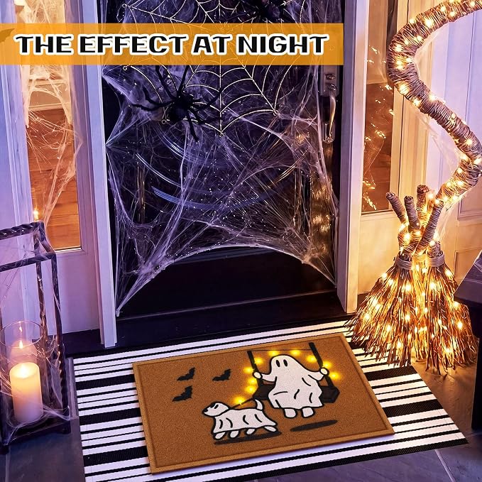 Moucuny 2 Pcs Halloween Coir Doormat Outdoor Cute Ghost with Dog Mat, Black and White Stripe Area Rug Halloween Outdoor Doormat for Front Door Porch Entryway Decor, 16'' x 28'', 24'' x 35''