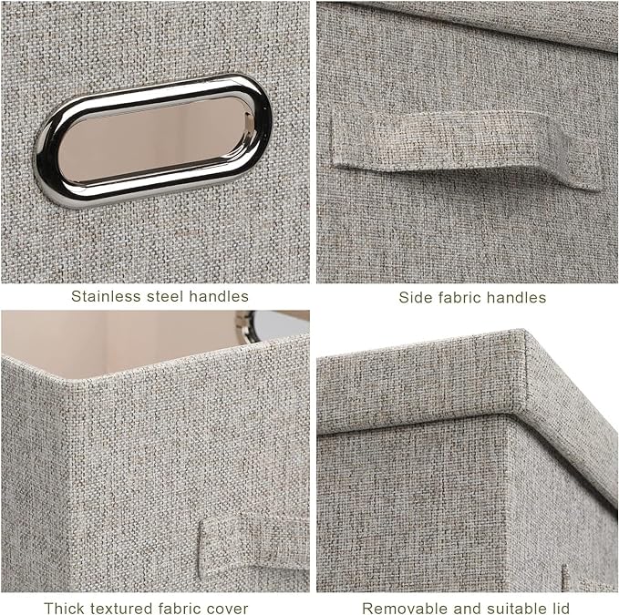 Storage Bins with Lids Fabric Closet Organizers Cubes Office Organization | 21 Quart 5 Pack Beige Collapsible Stackable Linen Fabric 4 Handles Bedroom Closet Cabinet Under Bed Clothes Toy Office File